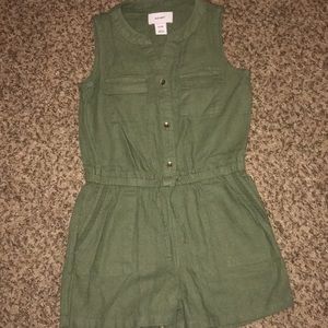 Olive green jumpsuit shorts.